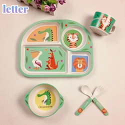 Fibra de bambu dos desenhos animados placa de alimentação do bebê crianças talheres bandeja prato tigela garfo colher copo treinamento alimentos louça conjunto crianças presente