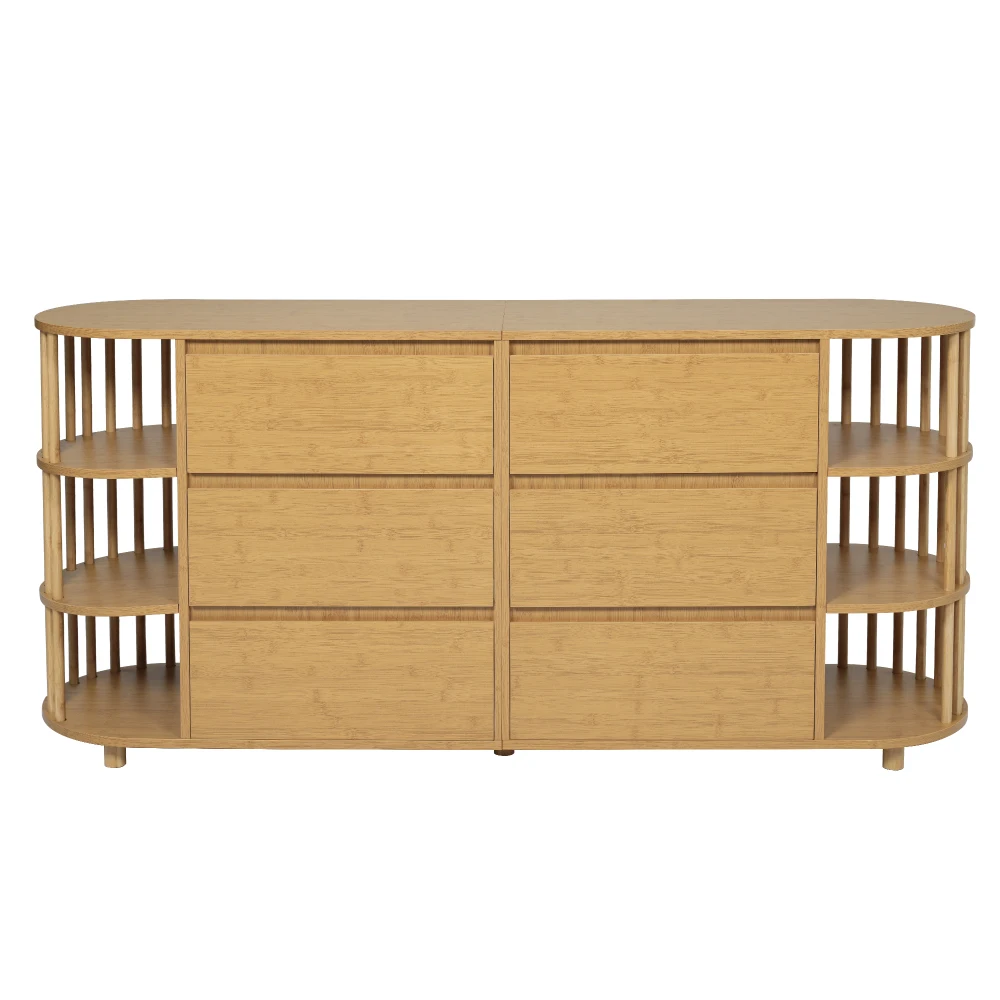 Kommode, Sideboard 160 cm, Eiche, mit Säulen und Bambusregalen, 6 Schubladen und offenen Regalen, höhenverstellbare Füße, L160 x H75 x B 40 cm – Detail 20