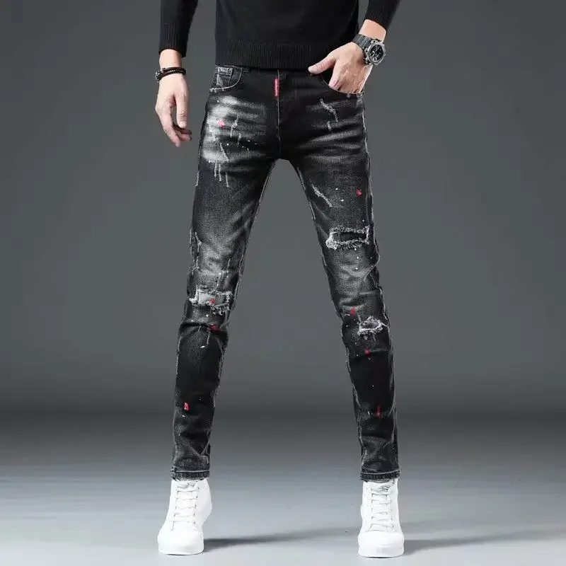 

Trousers Broken Men's Jeans Washed Tight Pipe Skinny Man Cowboy Pants Torn Slim Fit Goth with Holes Ripped New in Trend 2024 Xs