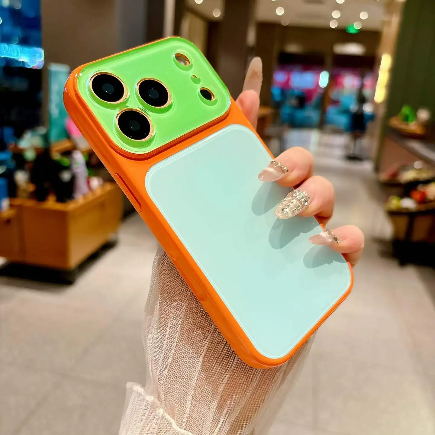 Dopamine Color Block Yellow-Green Lens Glass Back Shockproof Phone Case