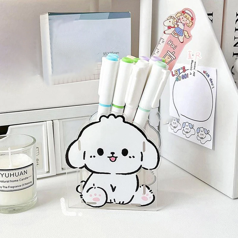 Cute Puppy Acrylic Pen Container Students Transparent Pen Holders Desktop Stationery Organizer Storage Bucket