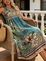 Robe Bohème Florale Sans Manches pour Femme, Imprimé Turquoise Vintage, Col Rond, Taille Haute, Coupe Évasée, Longueur Midi 3