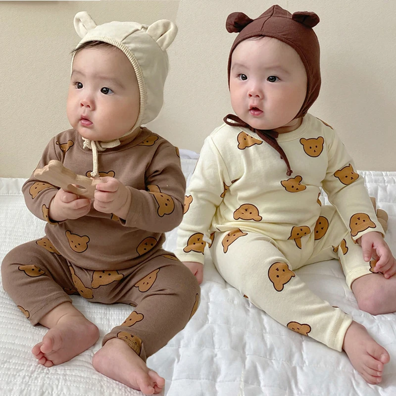 New Kids Boys Girls Pajama Sets Cartoon Bear Print Long Sleeve Cute T-Shirt Tops with Pants Toddler Baby Autumn Sleeping Clothes