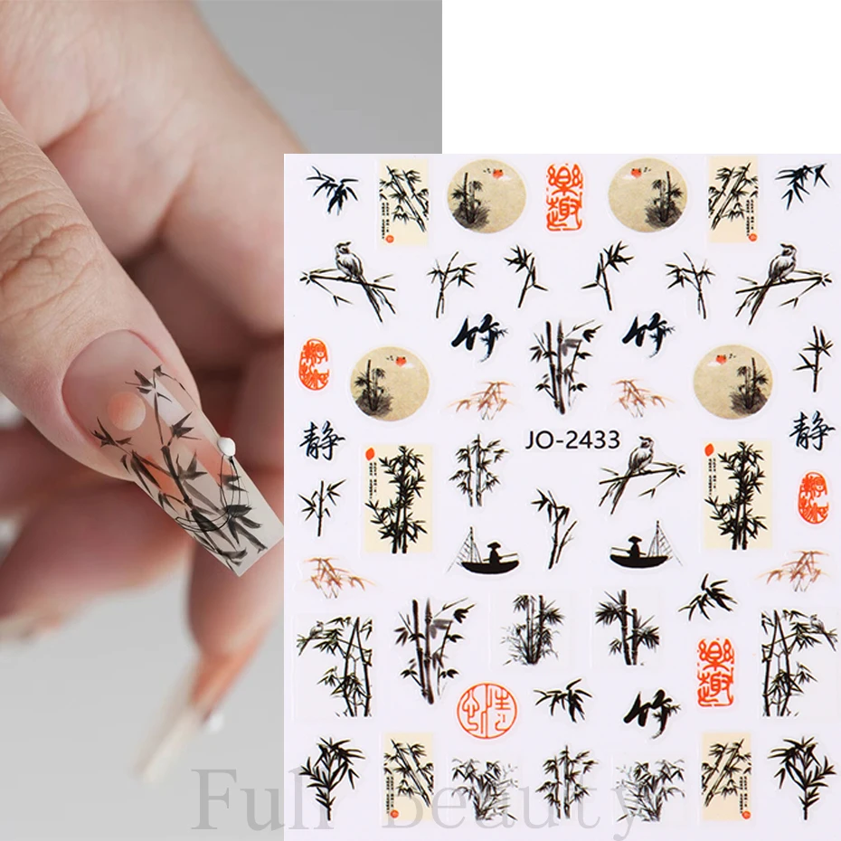 한자 네일 스티커, 추상 미술 단어, 3D 디자인 슬라이더, 페인팅 잉크 꽃, 대나무 데칼 호일 매니큐어 액세서리