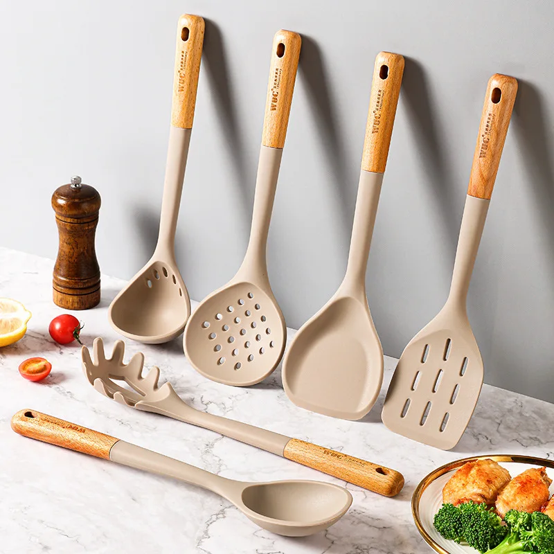Silicone Kitchenware Cooking Utensils Set Non-stick Cookware Accessories  Spatula Wooden Handle Black Cute Kitchen Gadget Sets - Cooking Tool Sets -  AliExpress