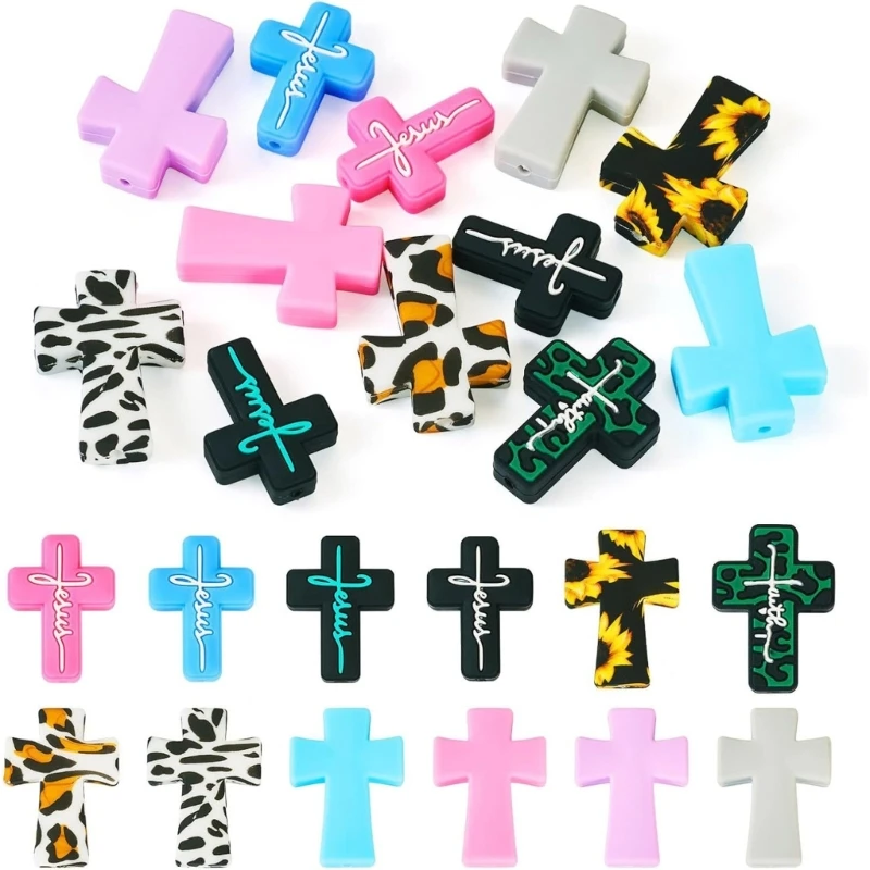 12Pcs 실리콘 십자가 모양의 구슬 표범 다채로운 인쇄 성인 목걸이 보석 만들기위한 느슨한 실리콘 구슬