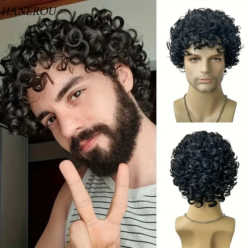 Synthetic Short Pixie Cut Kinky Curly Black Wig with Bangs for Men Daily Party Cosplay Fake Hair Heat Resistant