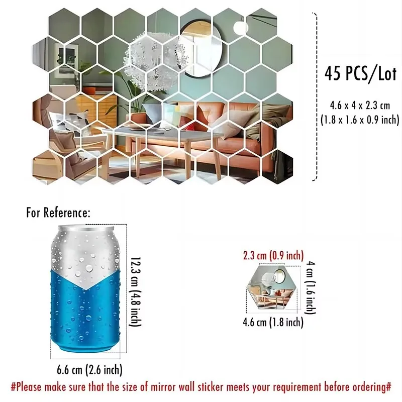 Mirror Wall Sticker Hexagon Wall Art Sticker DIY Household Decorative Tiles Sticker 45pcs