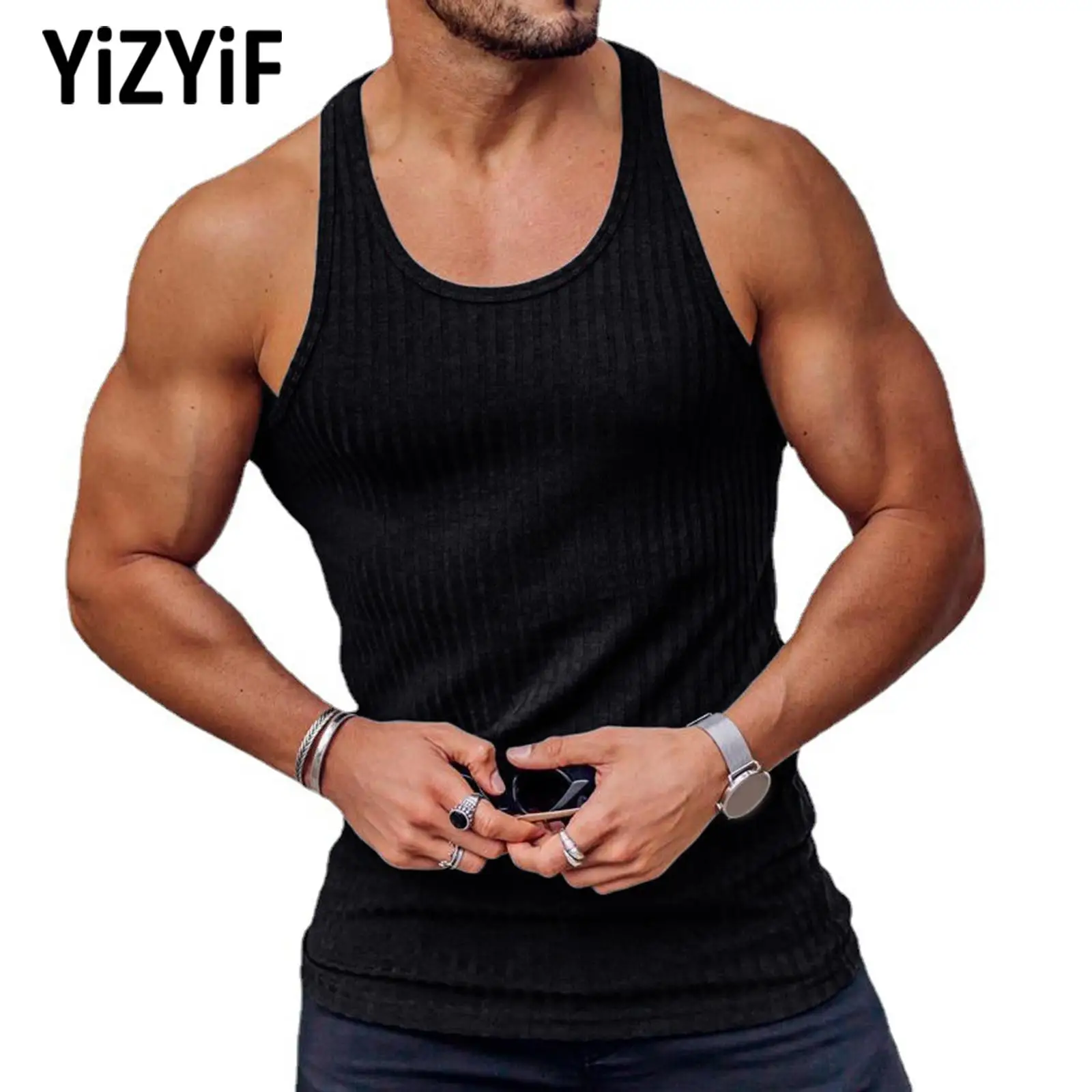 

Men's Sleeveless Racer Back Running Vests Tank Top Knitted Stretchy Sports Top Summer Quick-dry Gym Fitness T-shirts Sportswear