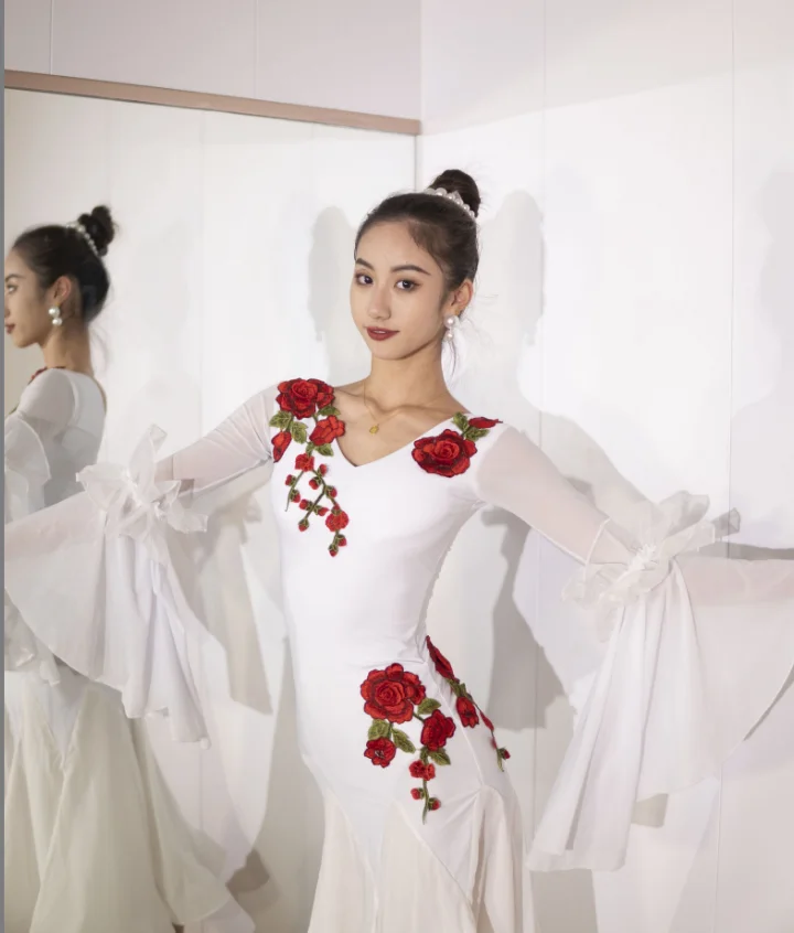 

White Ballroom Dance Competition Dress Women Rose Long Sleeves Modern Dance Clothes Practice Wear Adult Waltz Dance Dress BL9956