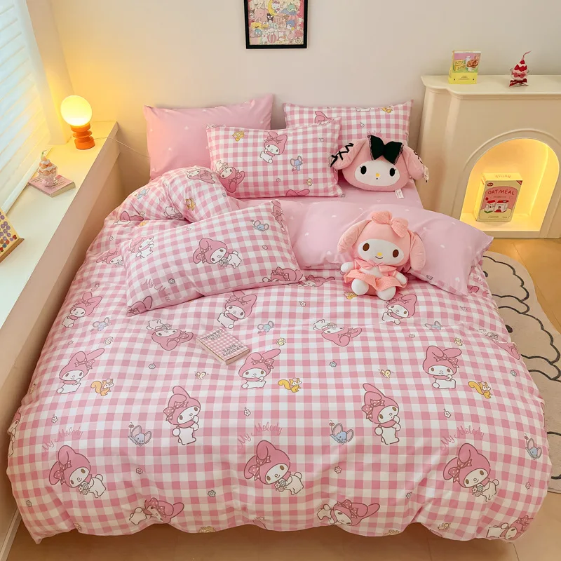 Nuevo juego de sábanas de algodón para niños de Sanrio My Melody Cinnamoroll Hello Kitty, juego de tres piezas, funda de edredón con forma de corazón para niña, juego de cuatro piezas
