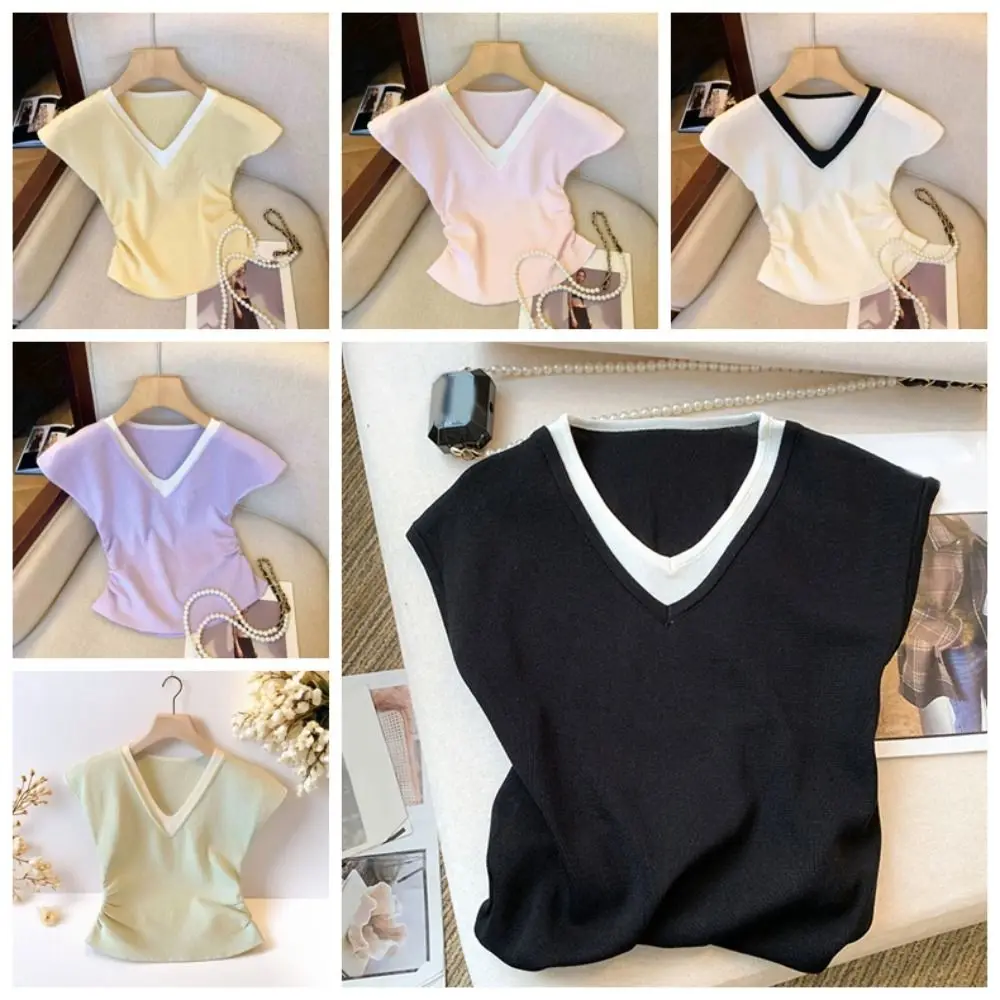 Temperamnet Patchwork Fake Two Pieces T-shirts Short Sleeve V-neck Slim Crop Top Korean Style Sweet Girl's Top Streetwear