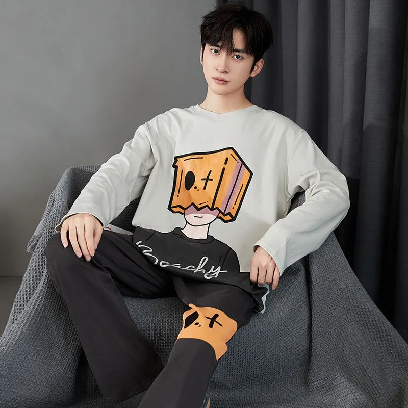 Men New Pajamas Long Sleeve Pure Cotton Pajamas Spring Autumn Pyjamas Casual Cartoon Nightdress Round Neck Loose Home Wear Set