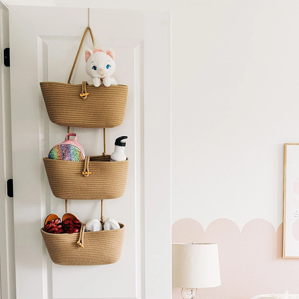 

3 Pockets Hand Woven Cotton Storage Basket Back Door Hanging Organizer Keys Cosmetics Storage Bag Closet Wall Hanging Bag