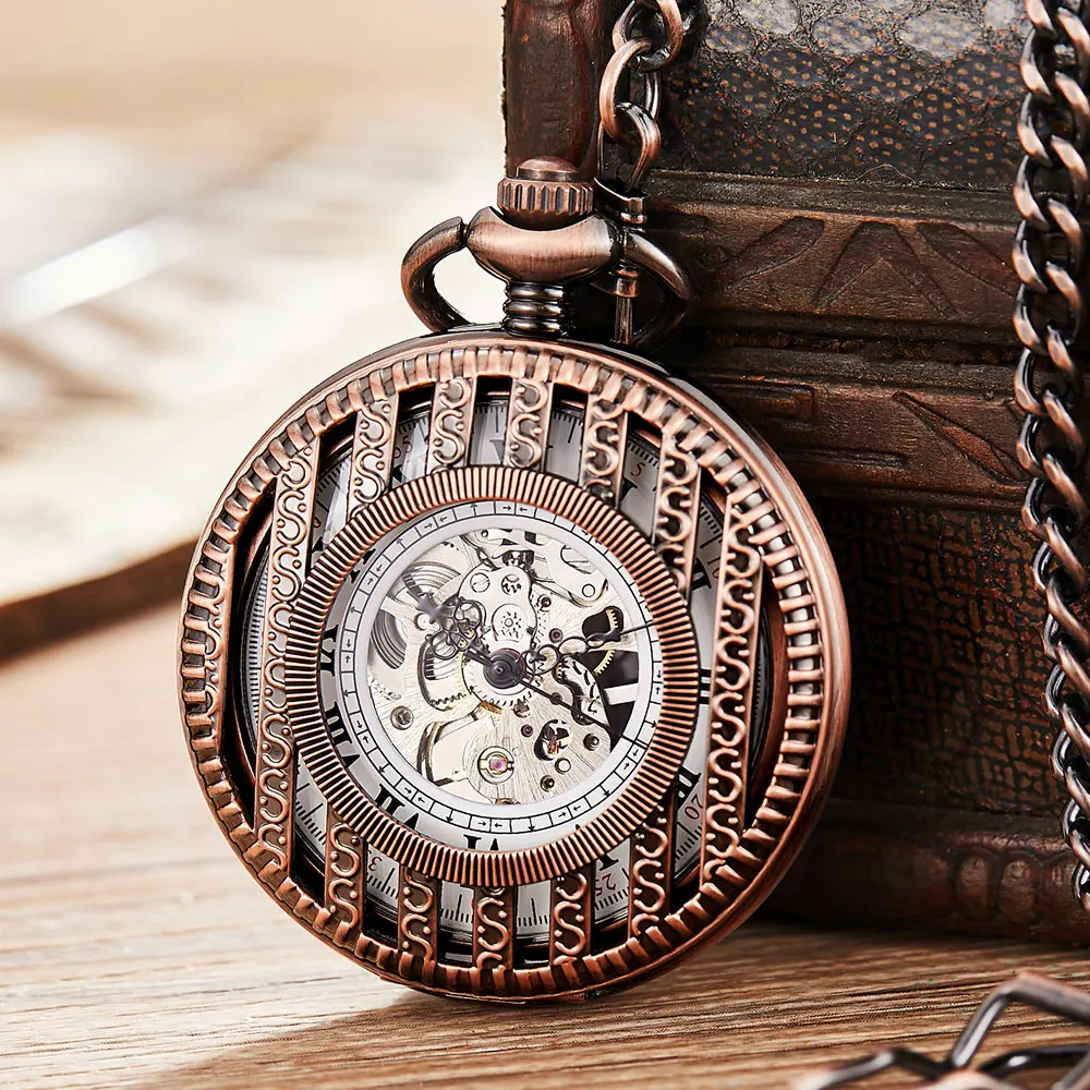 Vintage Antique Stripe Mechanical Hollow Skeleton Pocket Watch Round Dial Antique Pendant Clock Retro Gifts Men Women