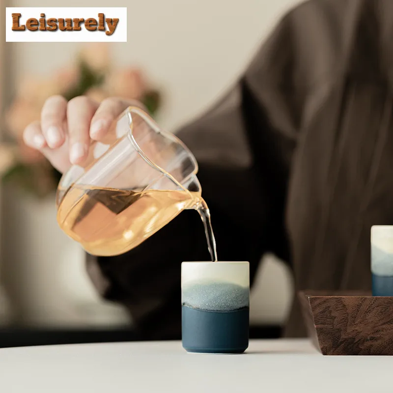 2pc/lot Gradient Mountain And Sea Ceramic Teacup Reverse Mouth Tea Bowl Tasting Tea Straight Cup Master Cup Mugs Kung Fu Teaset