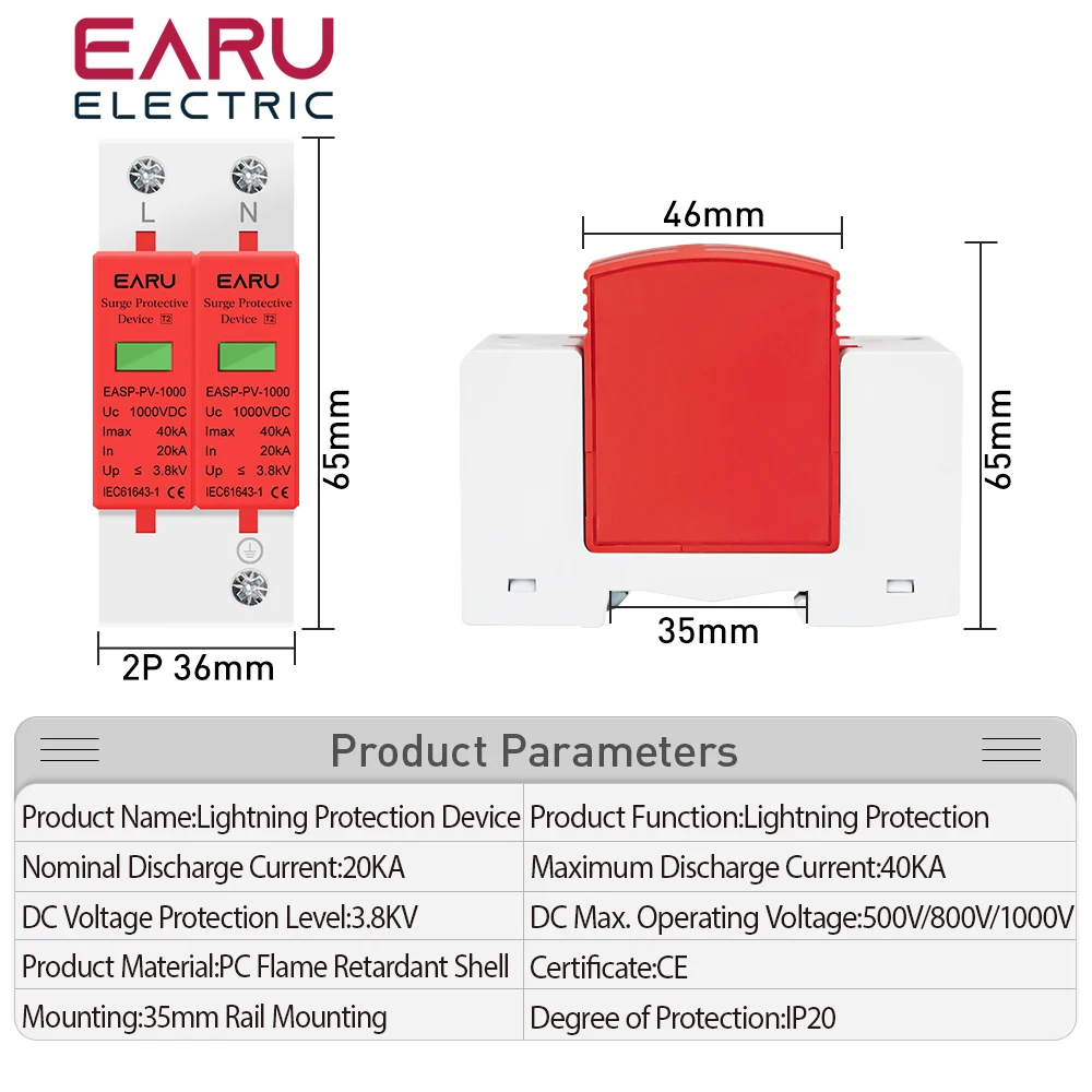 SPD DC 500V 800V 1000V 2P 20~40KA Lightning Surge Protection Protector Device Arrester Low Voltage House 2 Poles PV Photovoltaic surge protector