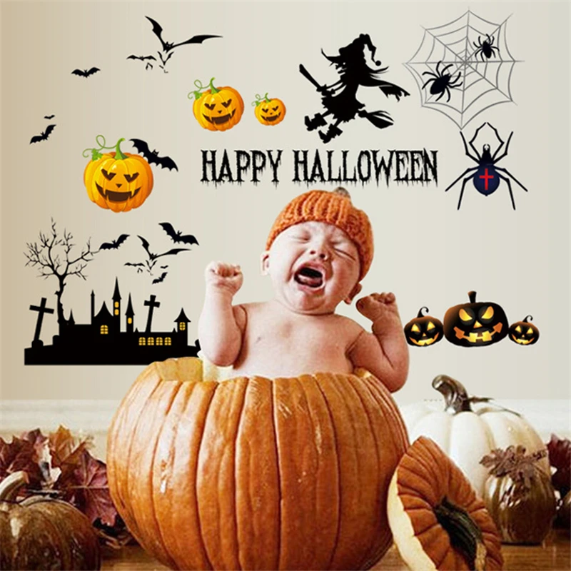 

Хеллоуин Тыква кот Ведьма летучие мыши наклейки на стену на Хэллоуин для детской комнаты домашнее украшение праздничные плакаты ПВХ наклейка