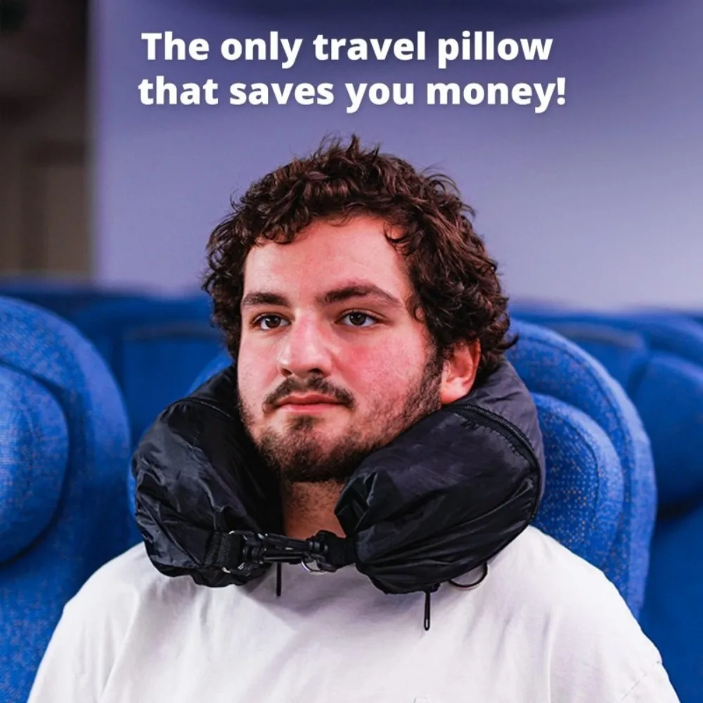 

Stuff with Clothes Travel Neck Pillow Black Car Headrest Neck Pillowcase Avoid Excess Luggage fees Zipper Travel Storage Bag