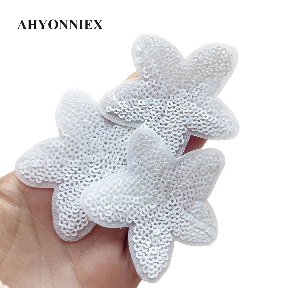 10 teile/los weiße Pailletten Blumen Patches für Kleidung Kleid Aufkleber Applikationen Eisen auf Parches