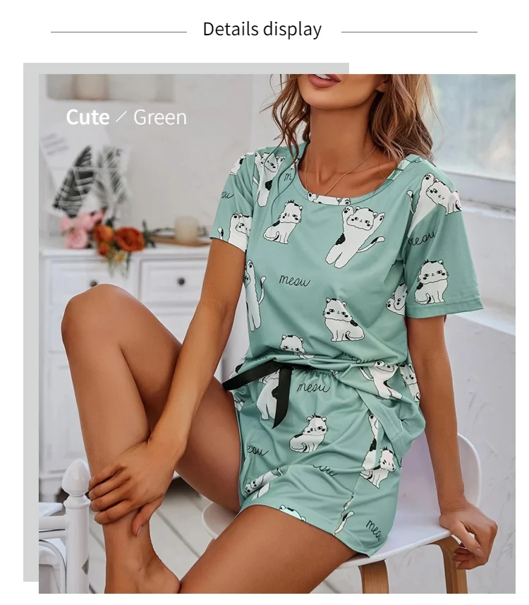 Pyjama-Set für Damen Kurzarm-Nachtwäsche-Top und Hose Nachtwäsche 3-teilige Pyjamas mit Cartoon-Print Nachtwäsche Nachtwäsche – Detail 6