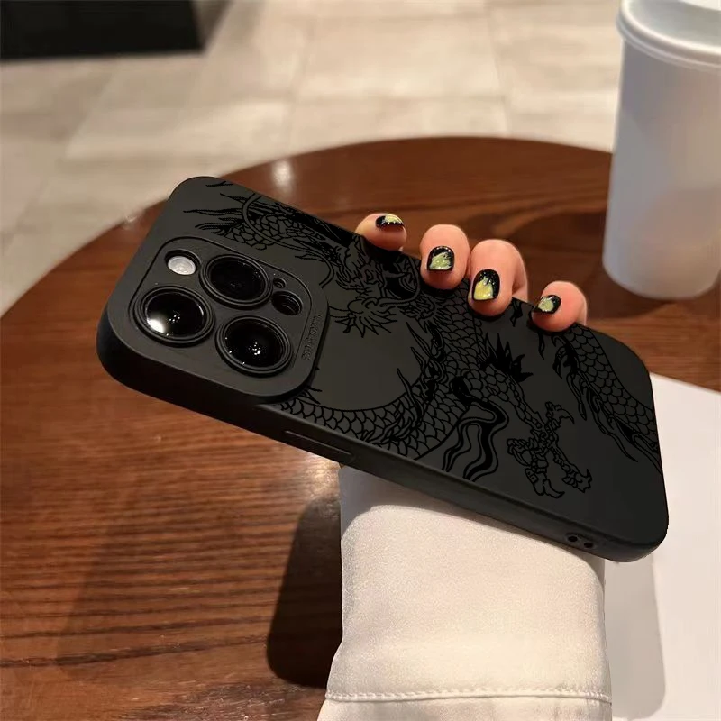 Elegant Matte Black Chinese Dragon Silicone Phone Case - Shockproof and Soft Cover