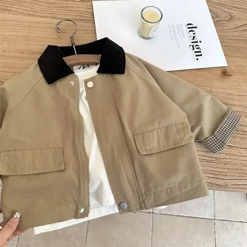 Trench Outerwear Turn-down Collar Zipper Full Sleeve Spring Cotton Simple Clean Fashion Casual Comfortable Kid Unisex kids jacket girls trench coats