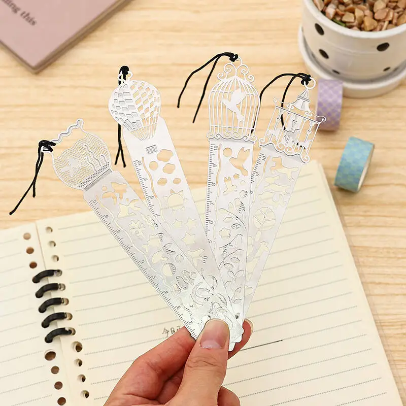 1-4 Pcs 직선 자 금속 측정 도구 문구 그리기 선물 학교 사무용품 말 새장 속이 빈 책갈피
