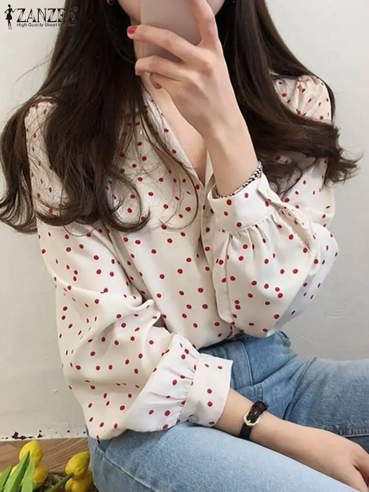 

ZANZEA Long Lantern Sleeve Shirt Women Polka-dot Print Blouse 2023 Autumn Elegant Office Lapel Neck Pleats Tops Female Blusas