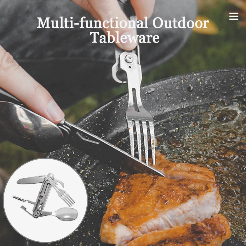 

Outdoor Dinnerware Stainless Steel Multifunctional Tableware Knife Fork Spoon Can Opener Bottle Opener Portable Camping Tools