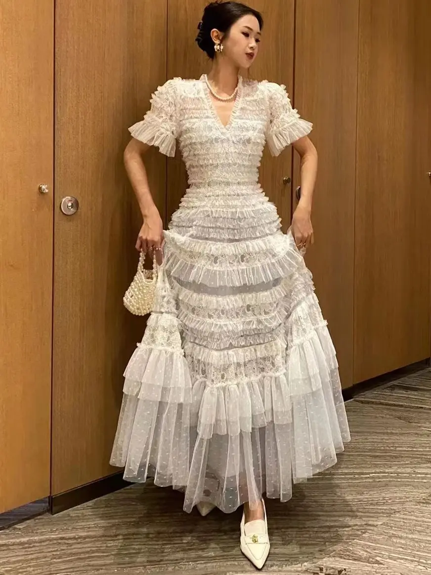 

Vacation Party Sexy V-neck Short Sleeve 2023 Autumn Women's Mesh Wave Dot Print Collar Lace Layered Wooden Ear Dress