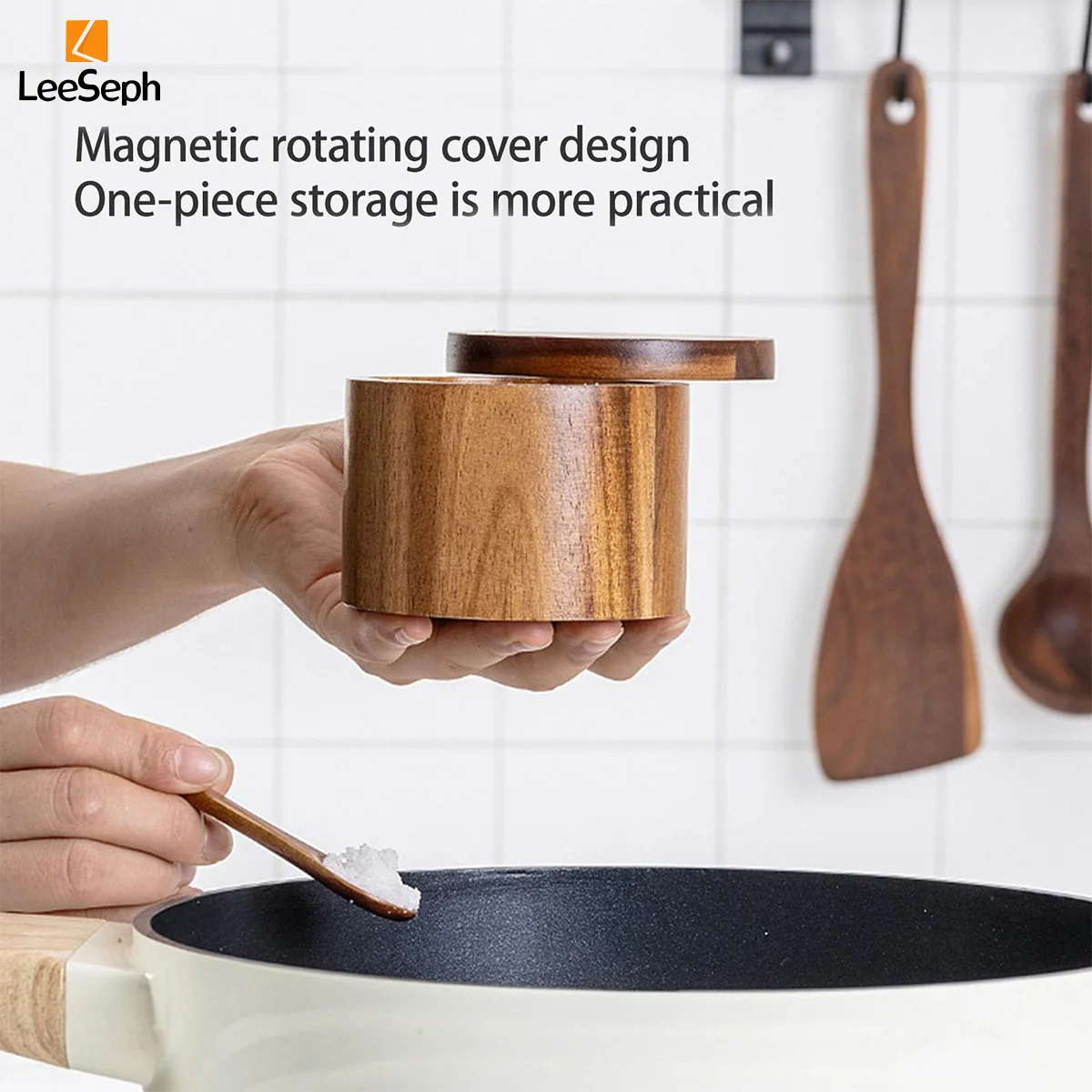 Spices Bottle Seasoning Jar Leeseph Acacia Wood Salt or Spice Box with Swivel Cover Perfect Spice Container for Kitchen Close at Hand on Your Countertop