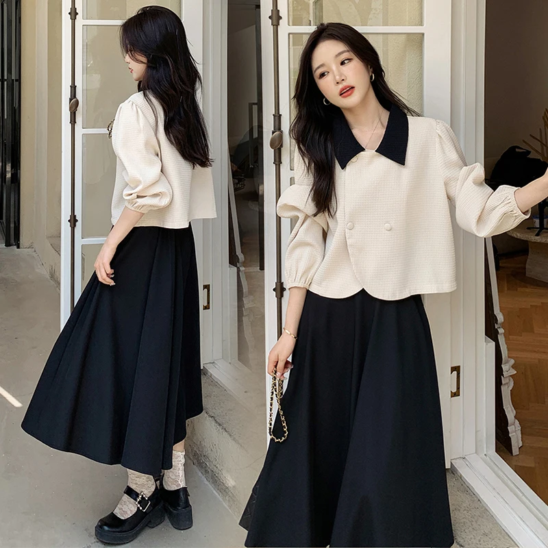

Japanese Style Maternity Clothes Set Sweet Suits Jackets+black Sundress Twinset Block Color Pregnant Woman Dress Suits Loose