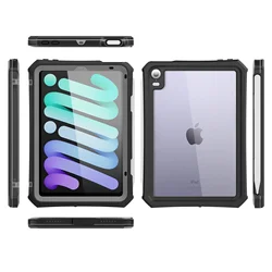 Rugged Waterproof Armor Case with Kickstand and Pencil Holder - iPad Mini 6 mini 7 (Black)