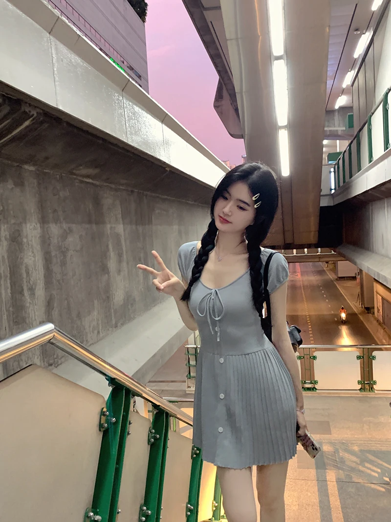 Sexy Knitted Dresses for Women V-neck A-Line Pleated Mini Dress Korean Fashion Solid Autumn Knitting One Piece Vestido Mujer New