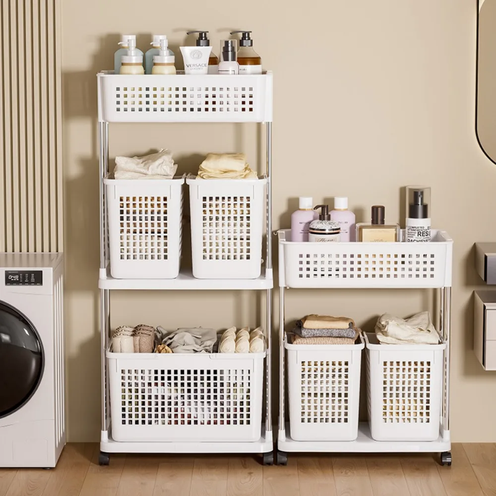 Bathroom Storage Trolley Multifunctional Layer Rolling Cart Washing Shelf Dirty Clothes Basket Laundry Storage Trolley