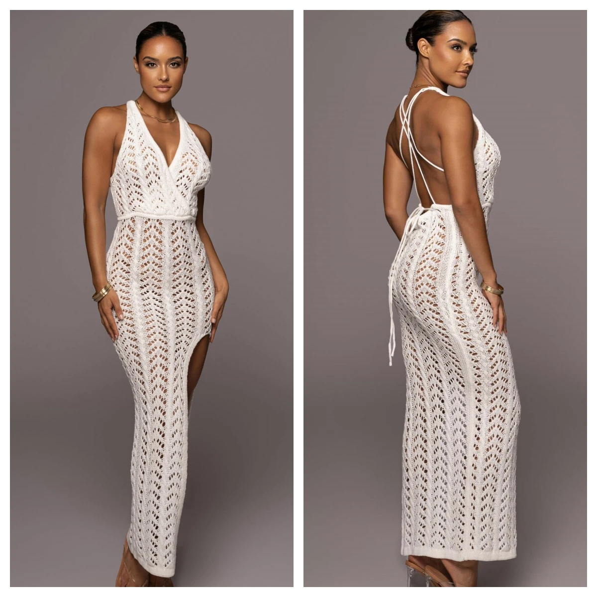 

Knitted Crochet Maxi Cover-Ups Split Dress Sexy Backless Hollow Out Beach Dress for Women 2023 New Summer Holiday Lady Outfits