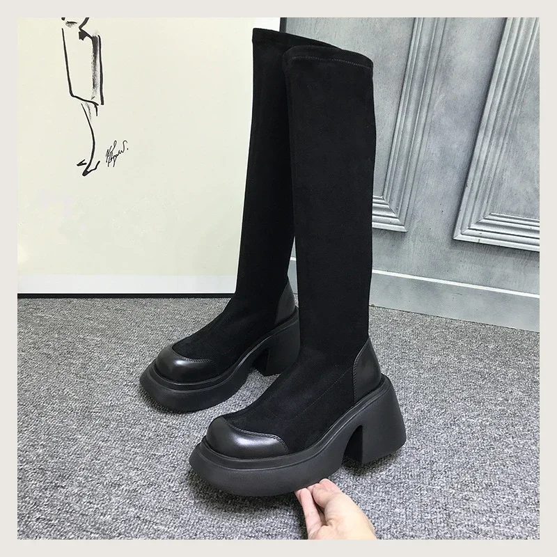 New Women Boots Platform Knee High Shoes Sexy Heels Shoes Autumn Winter Ladies Fashion Designer Boots Punk Long Faux Suede Botas