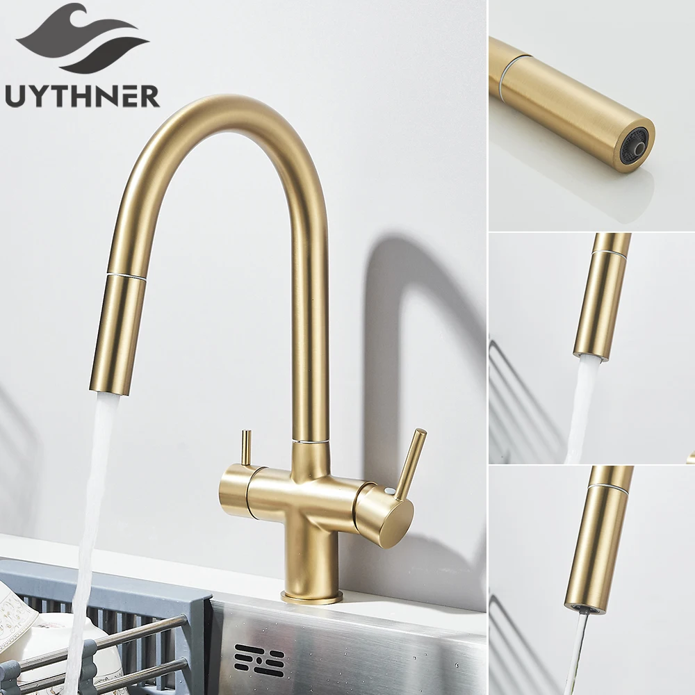 Brushed Gold Kitchen Water Filter Faucet Dual Spout Pure Drinking Water Mixer Tap Rotation Water Purification Feature Taps Crane