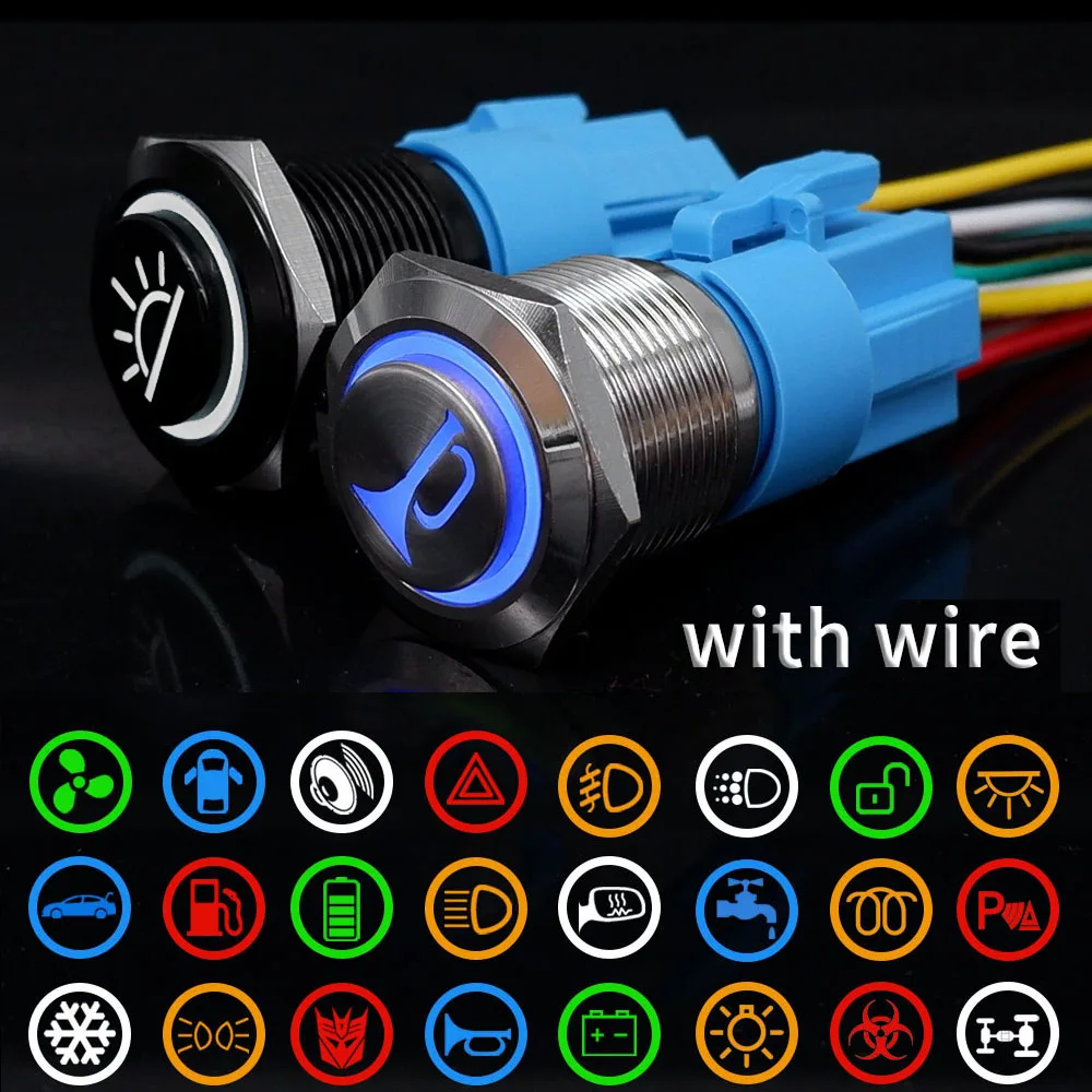 16/19/22MM Laser Customize Metal Luminous Design Push Button Switch Waterproof Latching Momentary  Blue 6V 12V 220V Word Switch