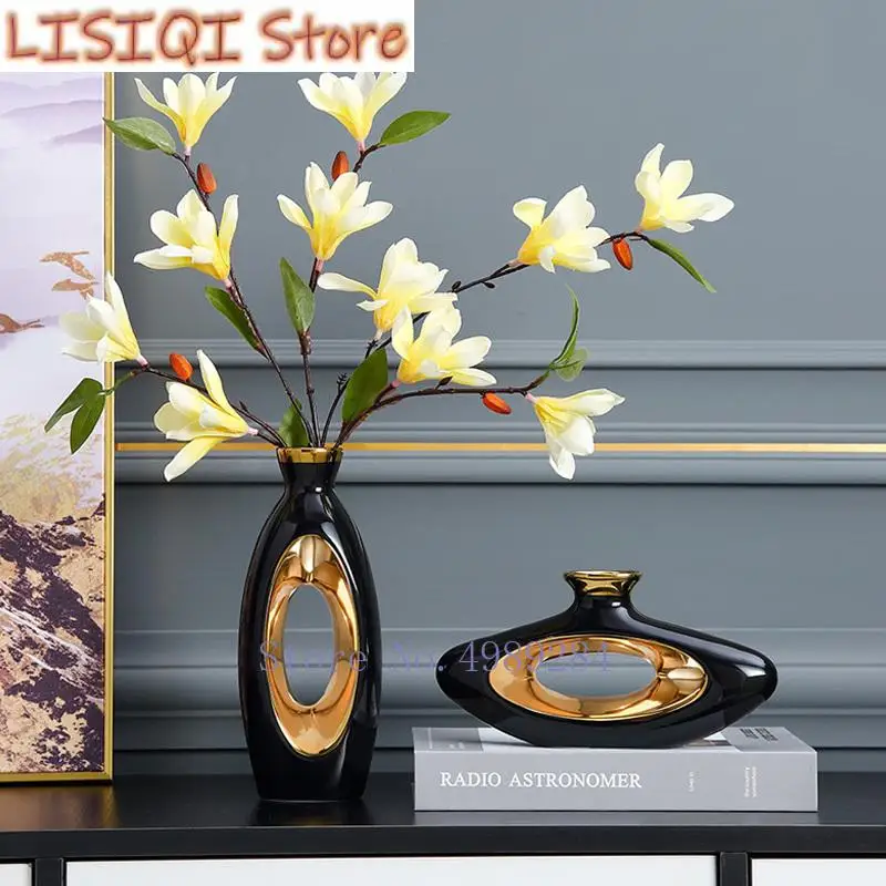 

New Ceramic Black Gold Hollowed Out Suspended Metal Frame Flower Vase Floral Accessories Home Decoration Vases Pots Terrarium