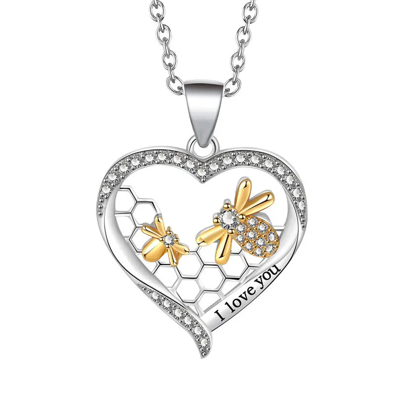 

Женское Ожерелье из циркония в европейском и американском стиле, двухцветная подвеска в виде пчелы в форме сердца, с надписью Love, цепочка до ключицы