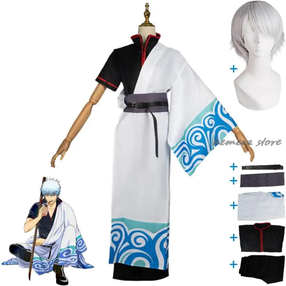 

Anime Sakata Gintoki Gintama Gin Tama Cosplay Costume Wig Silver Soul Kimono Uniform Halloween Stage Performance Role Play Suit