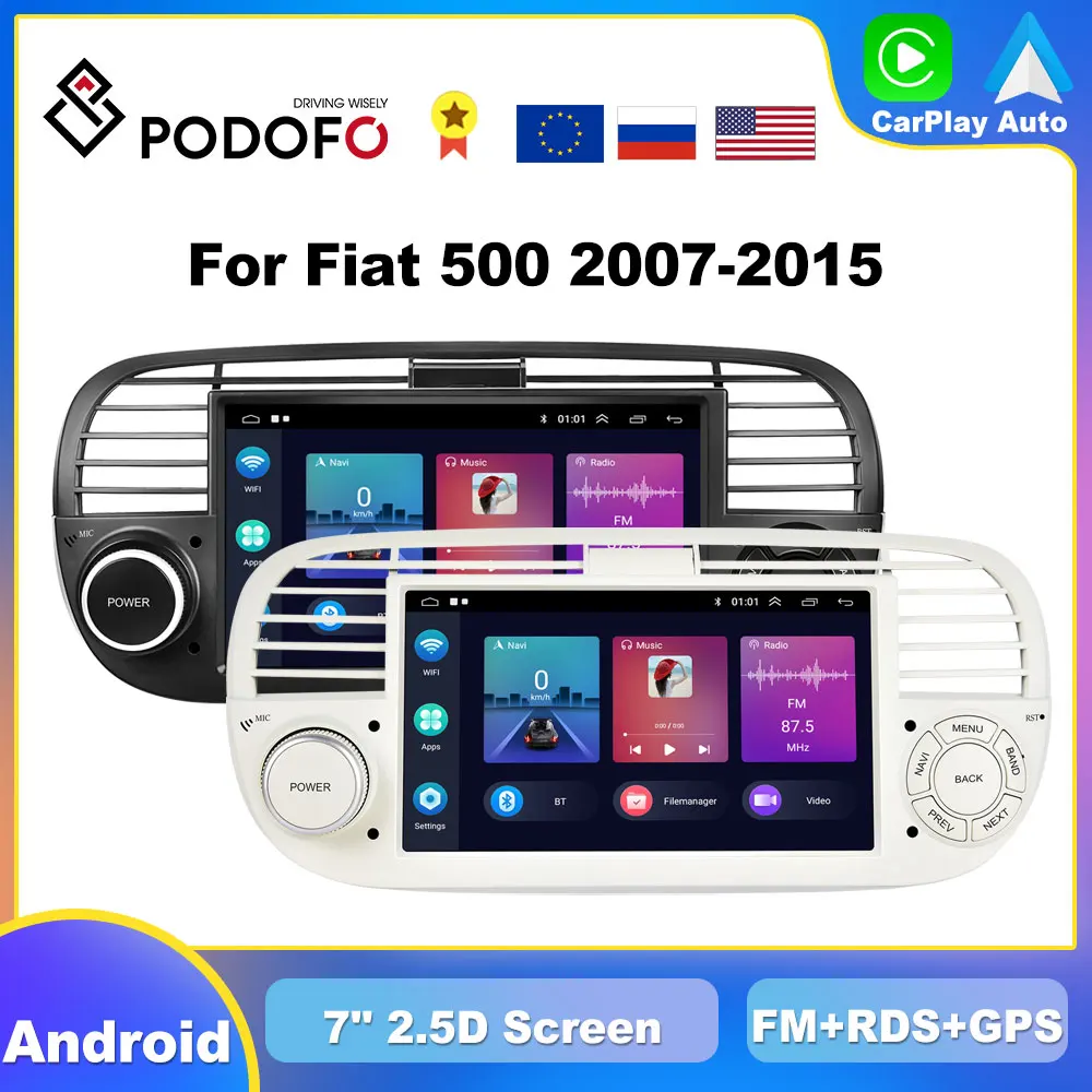 Podofo Carplay Autoradio Android Per Fiat 500 2007-2015 Lettore Multimediale 2 Din Sistema Intelligente Unità Principale Navigazione Stereo