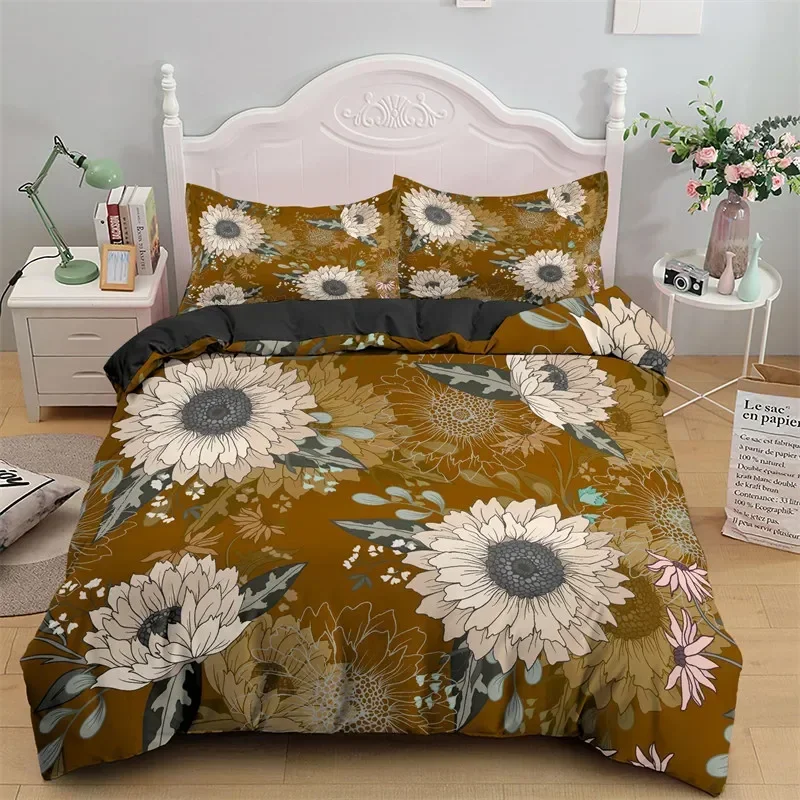 Sunflower Duvet Cover Yellow Flower Bedding Set Single King Microfiber Farmhouse Green Leaves Floral Quilt Cover With Pillowcase