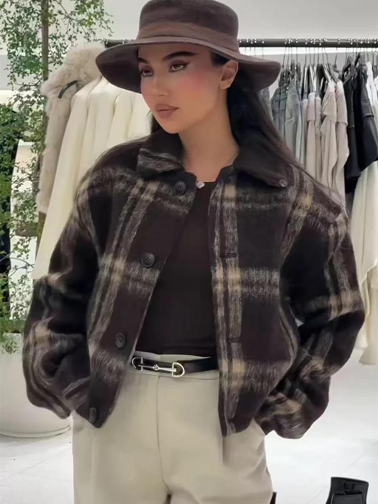 Autumn Plaid Jacket For Women Winter Warm Long Sleeve Single Breasted Coat Vintage Ladies Casual Style Loose Lapel Streetwear