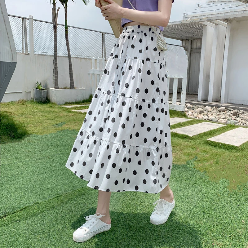 

2023 Summer Patchwork Midi Skirt Women Elastic Waist Polka Dot Print Long Skirts Femme 2023 Summer A-line Party Skirt