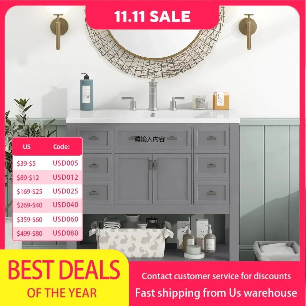36'' Bathroom Vanity, Modern Bathroom Sink Cabinet Opening Shelf, Solid Wood Frame Vanities (Grey)