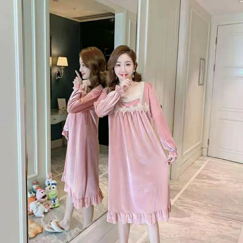 Pajamas female Long sleeve Spring and Autumn Cute online celebrity. Canary velvet loose loungewear palace style nightdress