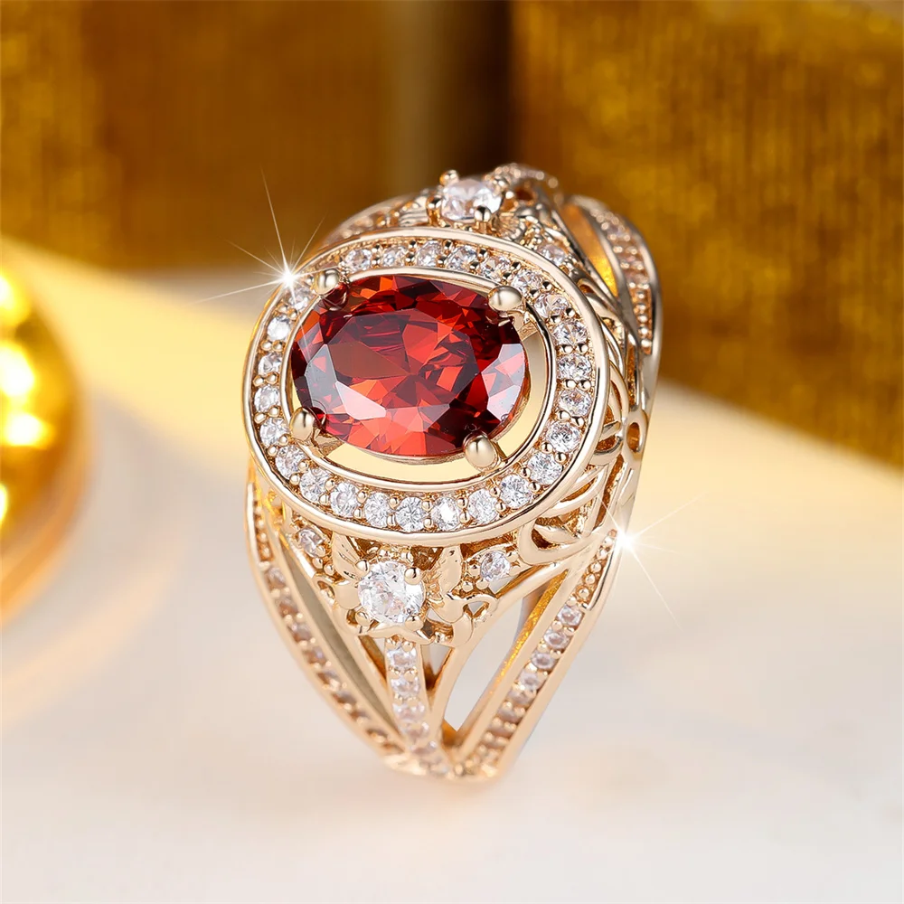 Red Crystal Big Oval Egg Shape Stone Rings For Women Vintage Gold Color Engagement Ring Wedding Jewelry Bridal Versatile Gifts